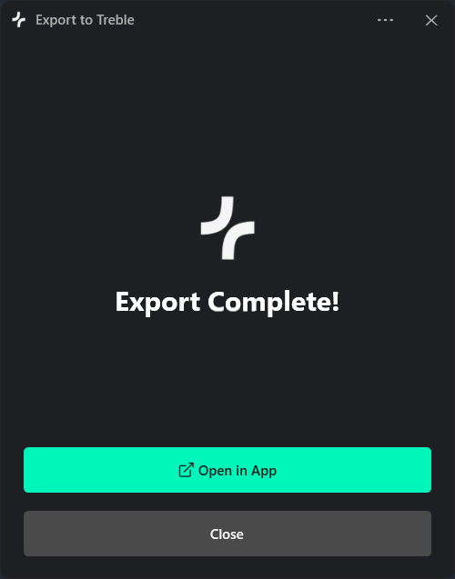 Export completion screen with "Open in App" button