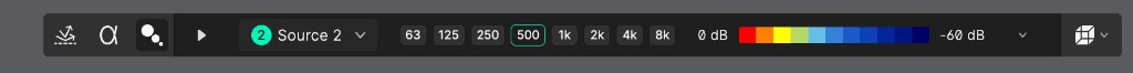Particle animation toolbar showing playback controls, source dropdown, and octave band pills