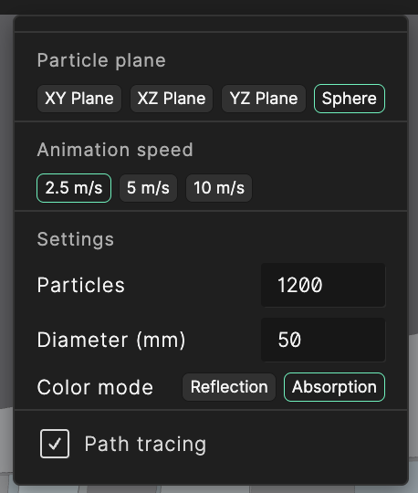Particle animation settings panel showing particle plane, animation speed, particle count, diameter, color mode, and path tracing options