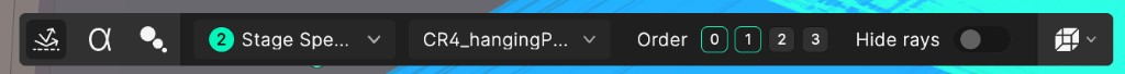 Reflection density toolbar showing the source and surface dropdowns, reflection order pills, and the hide rays toggle