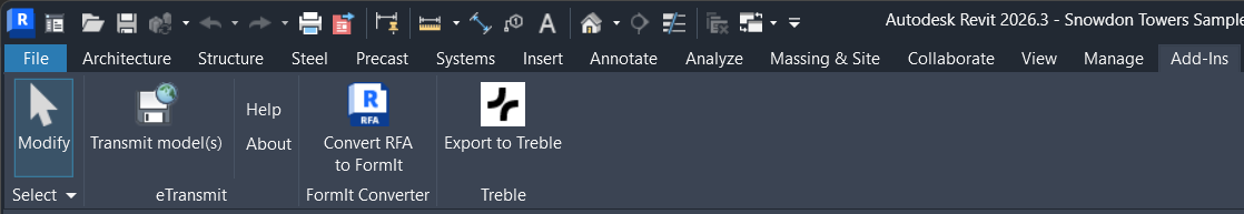 Revit ribbon showing the Treble tab with &quot;Export to Treble&quot; button