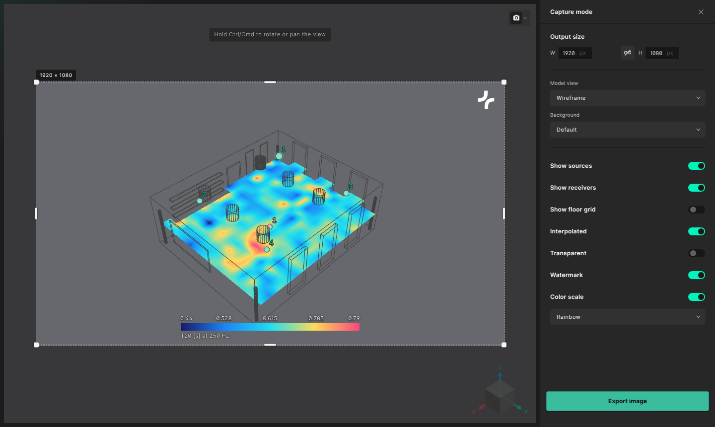 Screenshot mode with the capture frame over the 3D view and the Capture mode panel on the right