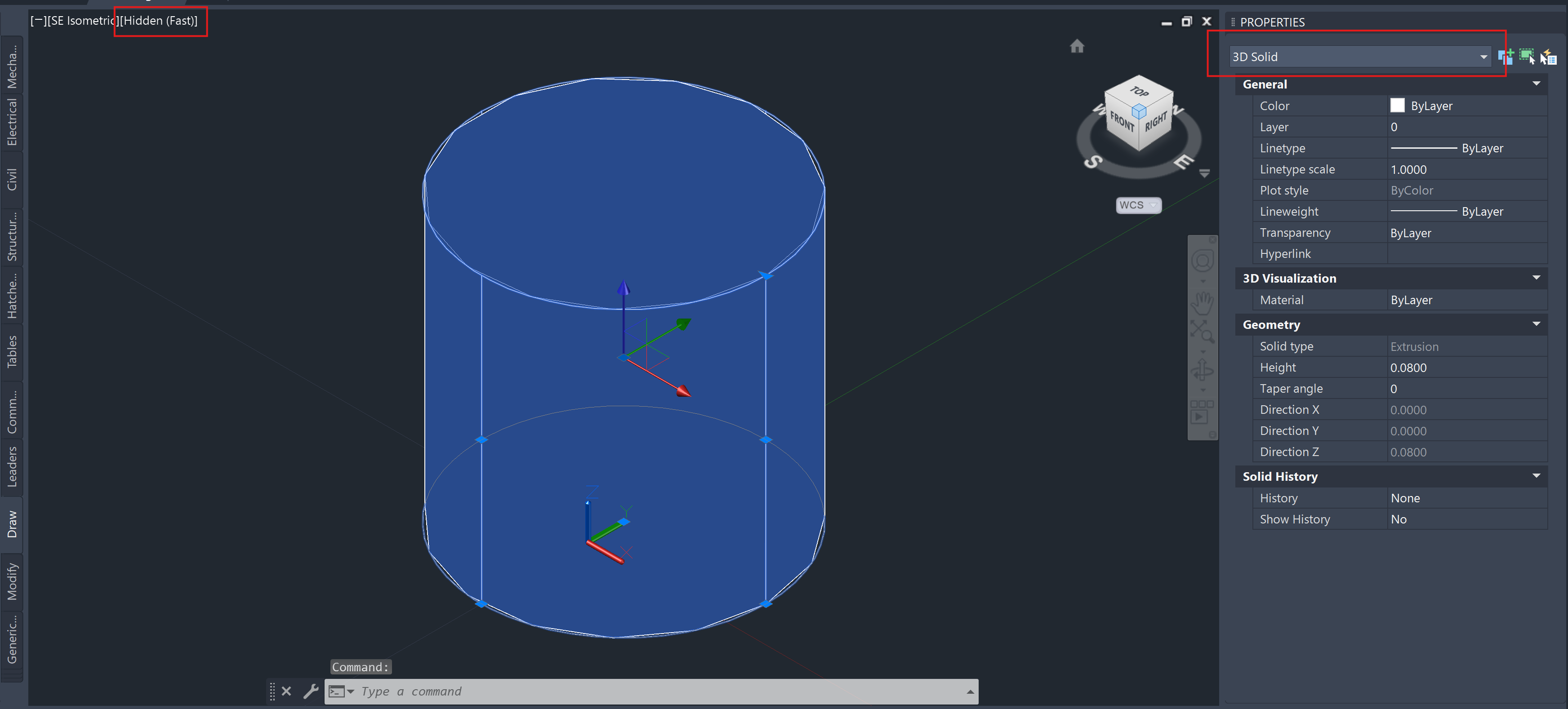 An extruded cylinder in Autocad