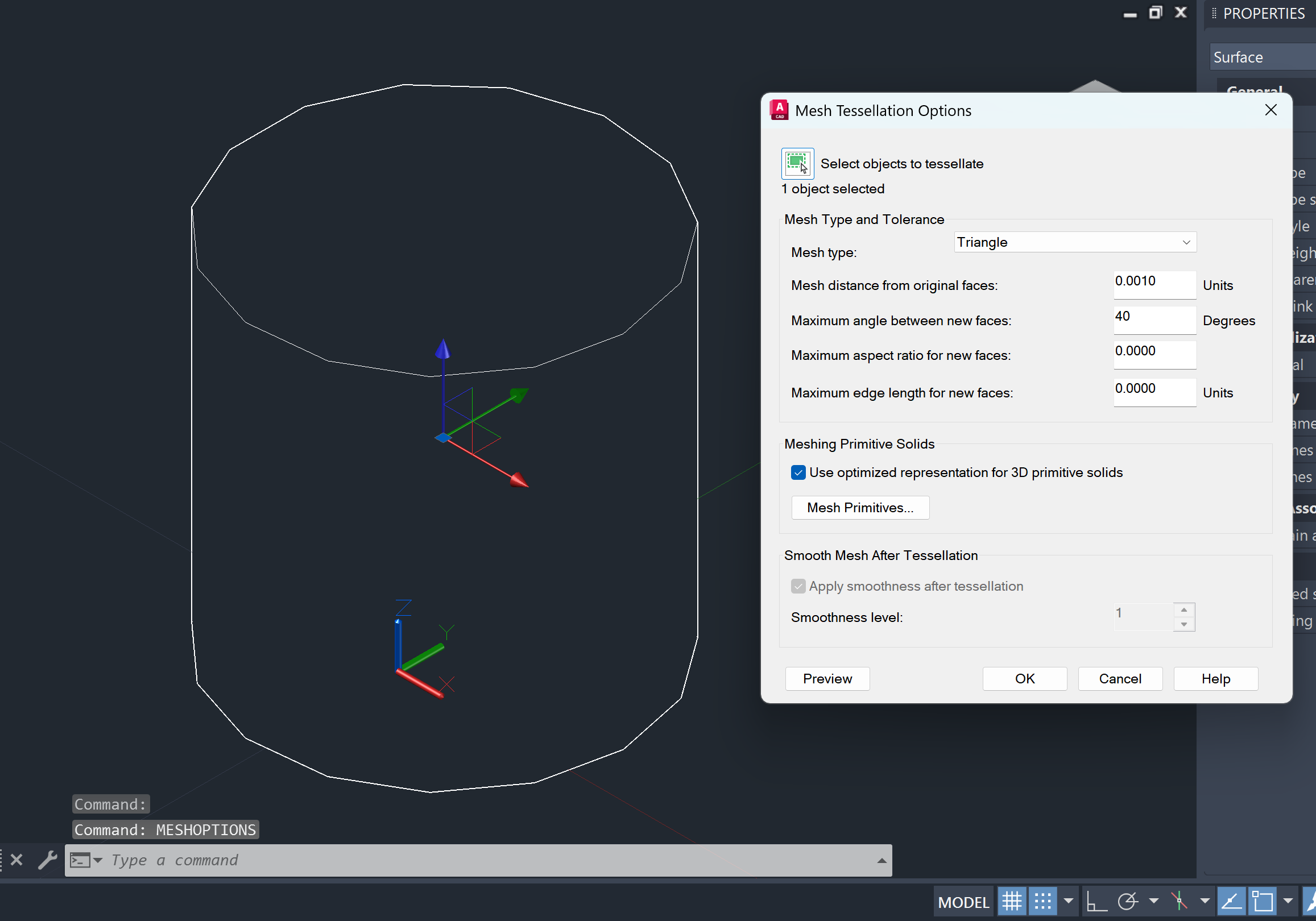 Mesh Tesselation Options window