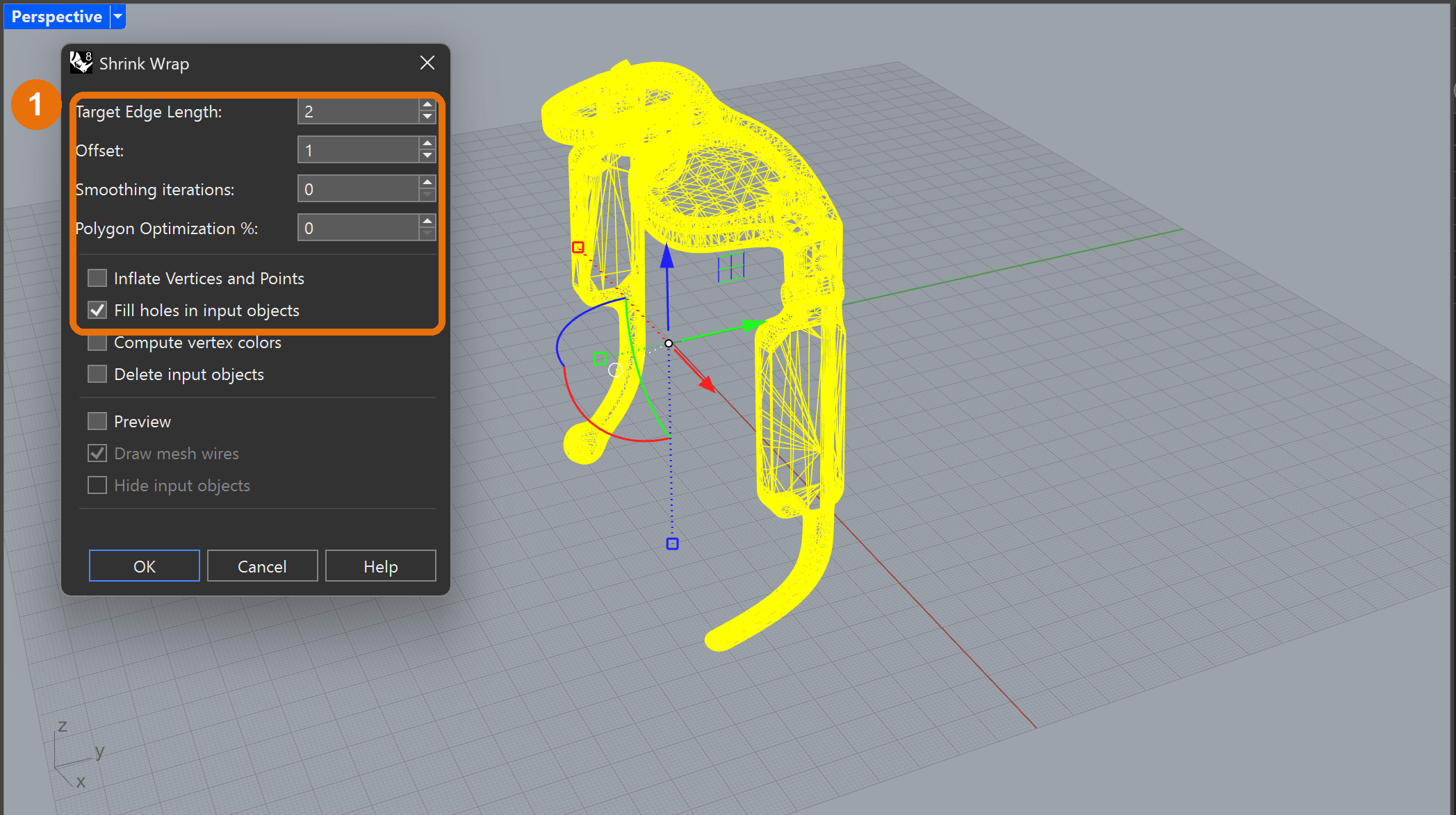 The ShrinkWrap dialog with Target edge length 2 mm, Offset 1 mm and no smoothing