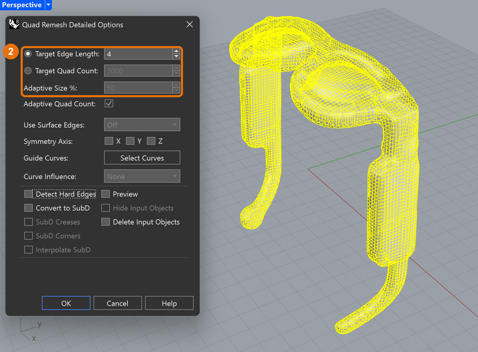 The QuadRemesh dialog. Use Target edge length 4 mm, Adaptive size 0 and Detect hard edges off