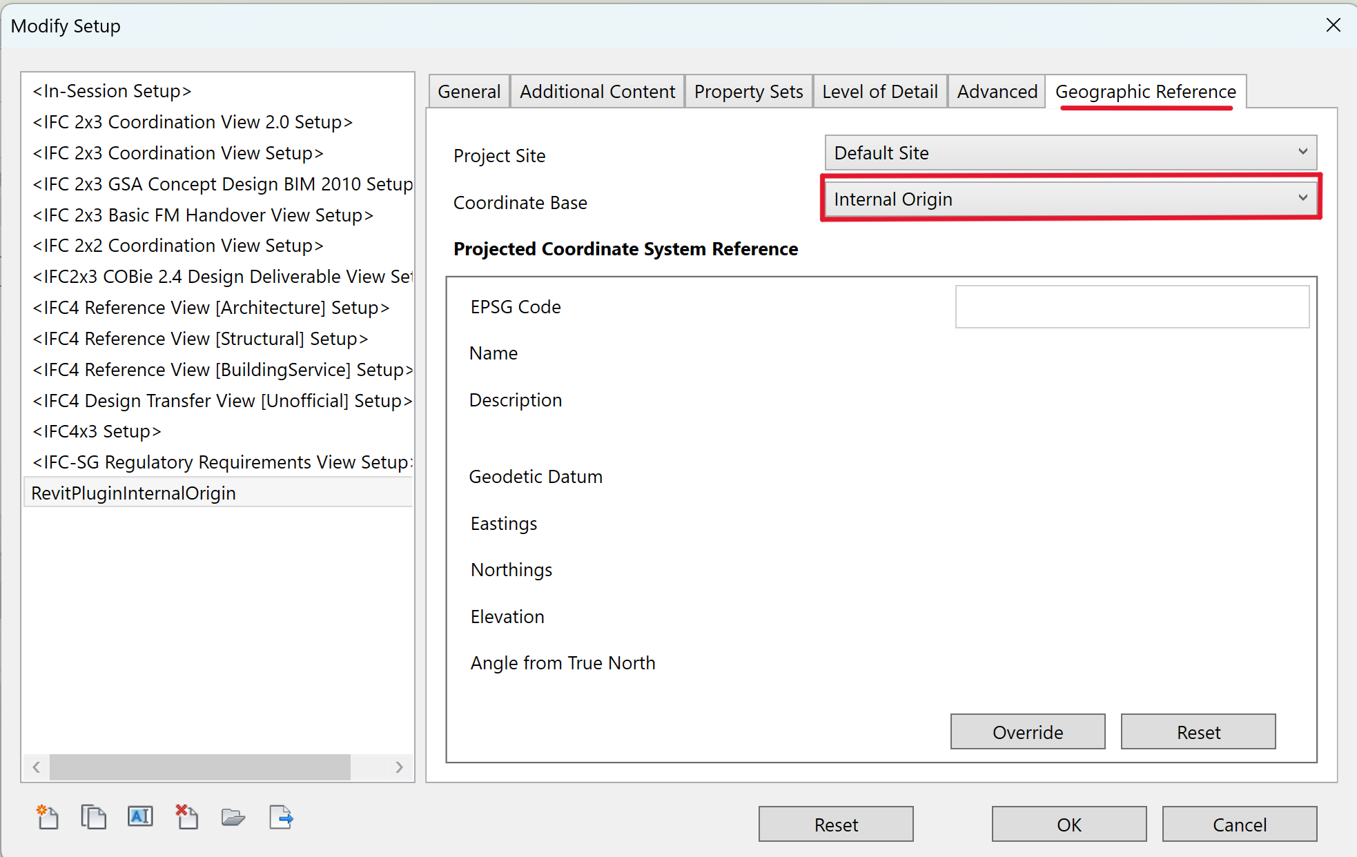 Revit Ifc Export window showing the setting Internal Origin