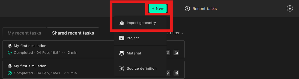 Screenshot of the Import geometry button in the Treble web app