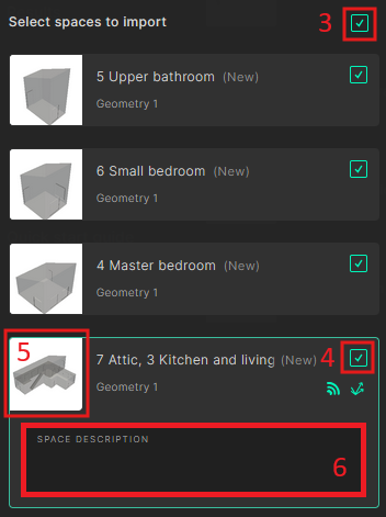 Selecting spaces for import and editing properties