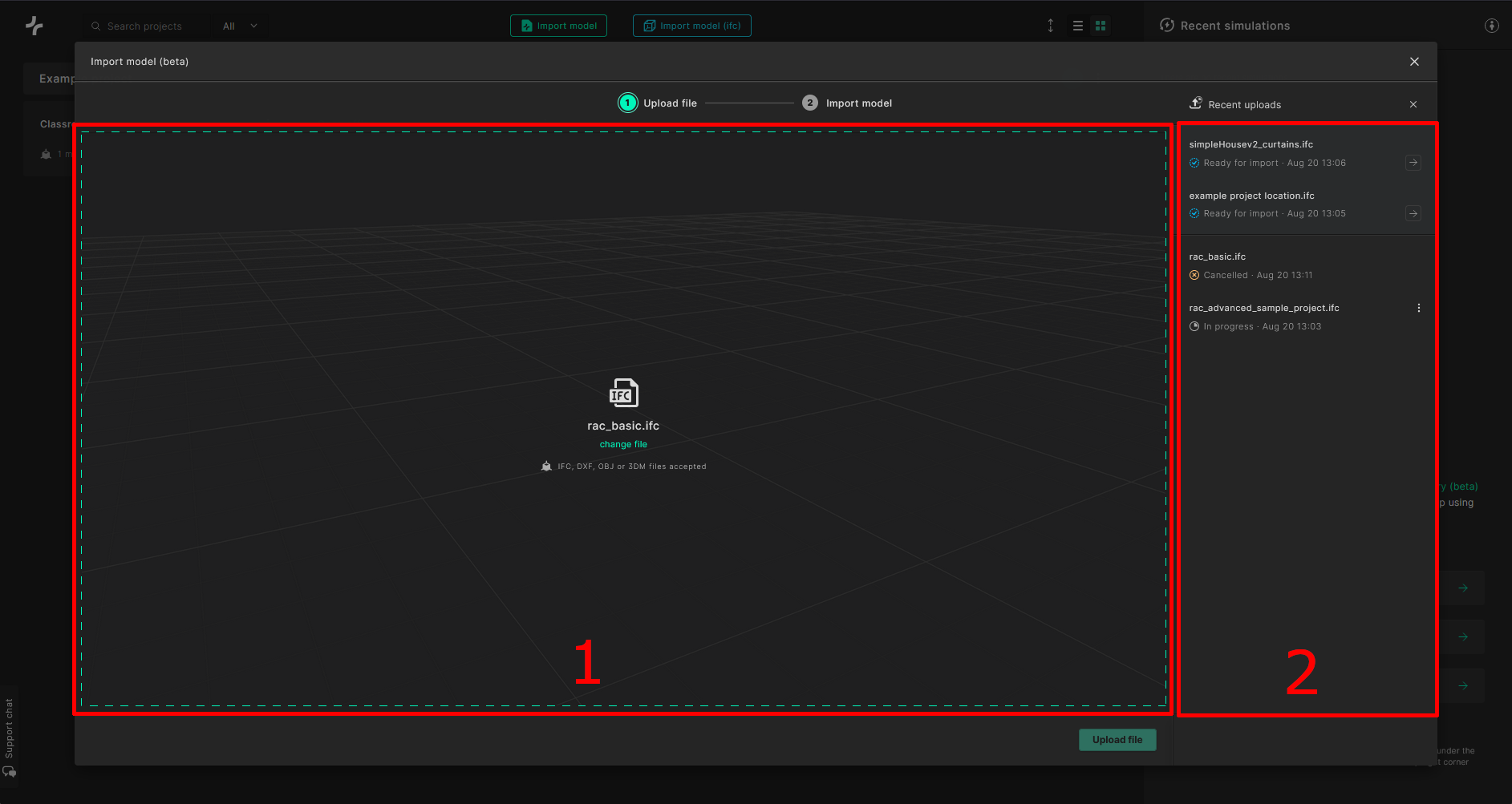 Screenshot of the Import IFC Model window in the Treble web app