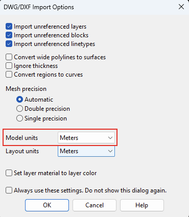 Setting DXF import properties in Rhino