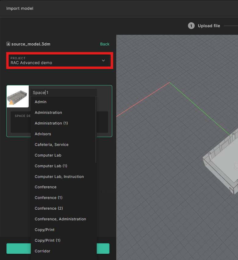 Selecting the previous project and space when importing a new model