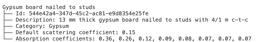 Text-based summary of absorption and scattering coefficients for a material in the library.