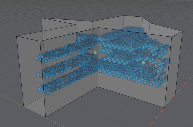 Three-dimensional view of a polygonal room with green source positions and blue receiver grid positions.