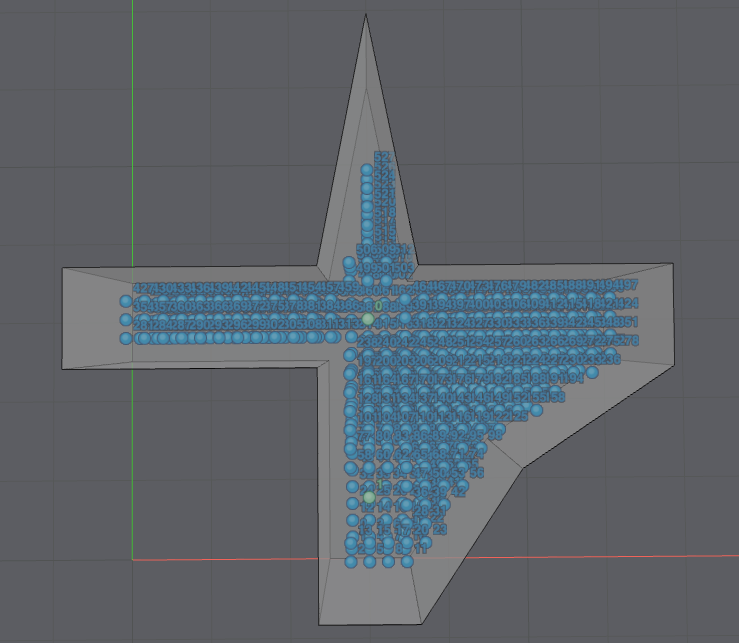 Top view of a polygonal room with green source positions and blue receiver grid positions.